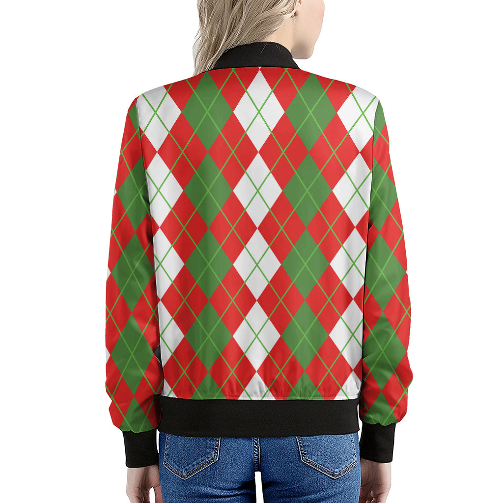 White Green And Red Argyle Pattern Print Women's Bomber Jacket