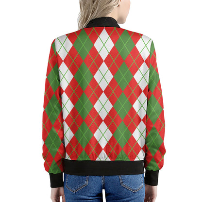 White Green And Red Argyle Pattern Print Women's Bomber Jacket