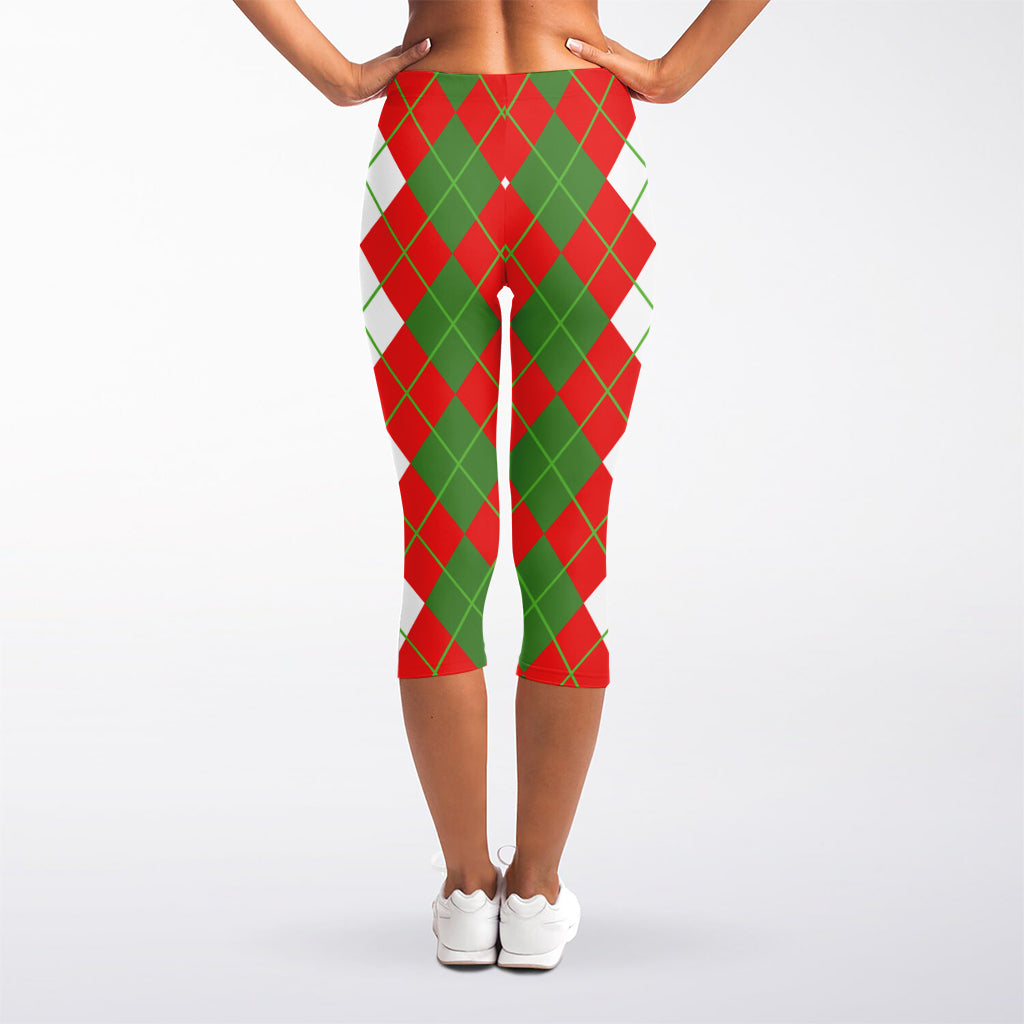 White Green And Red Argyle Pattern Print Women's Capri Leggings