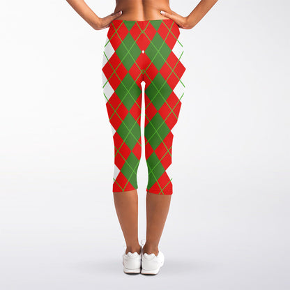 White Green And Red Argyle Pattern Print Women's Capri Leggings
