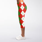 White Green And Red Argyle Pattern Print Women's Capri Leggings