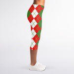 White Green And Red Argyle Pattern Print Women's Capri Leggings