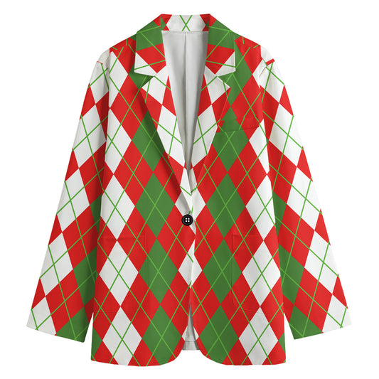 White Green And Red Argyle Pattern Print Women's Cotton Blazer