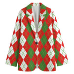 White Green And Red Argyle Pattern Print Women's Cotton Blazer