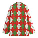 White Green And Red Argyle Pattern Print Women's Cotton Blazer