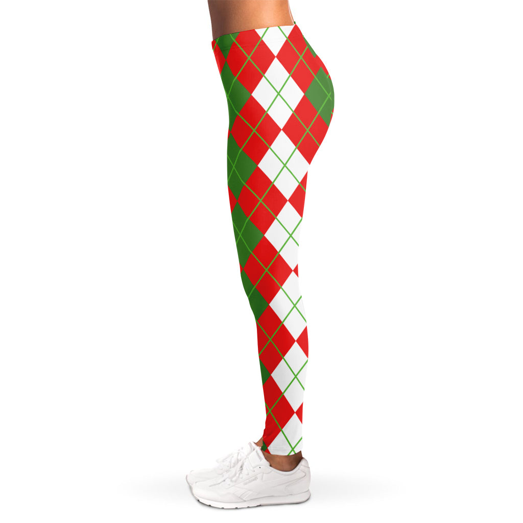 White Green And Red Argyle Pattern Print Women's Leggings