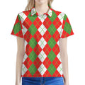 White Green And Red Argyle Pattern Print Women's Polo Shirt