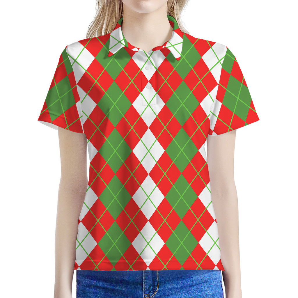 White Green And Red Argyle Pattern Print Women's Polo Shirt