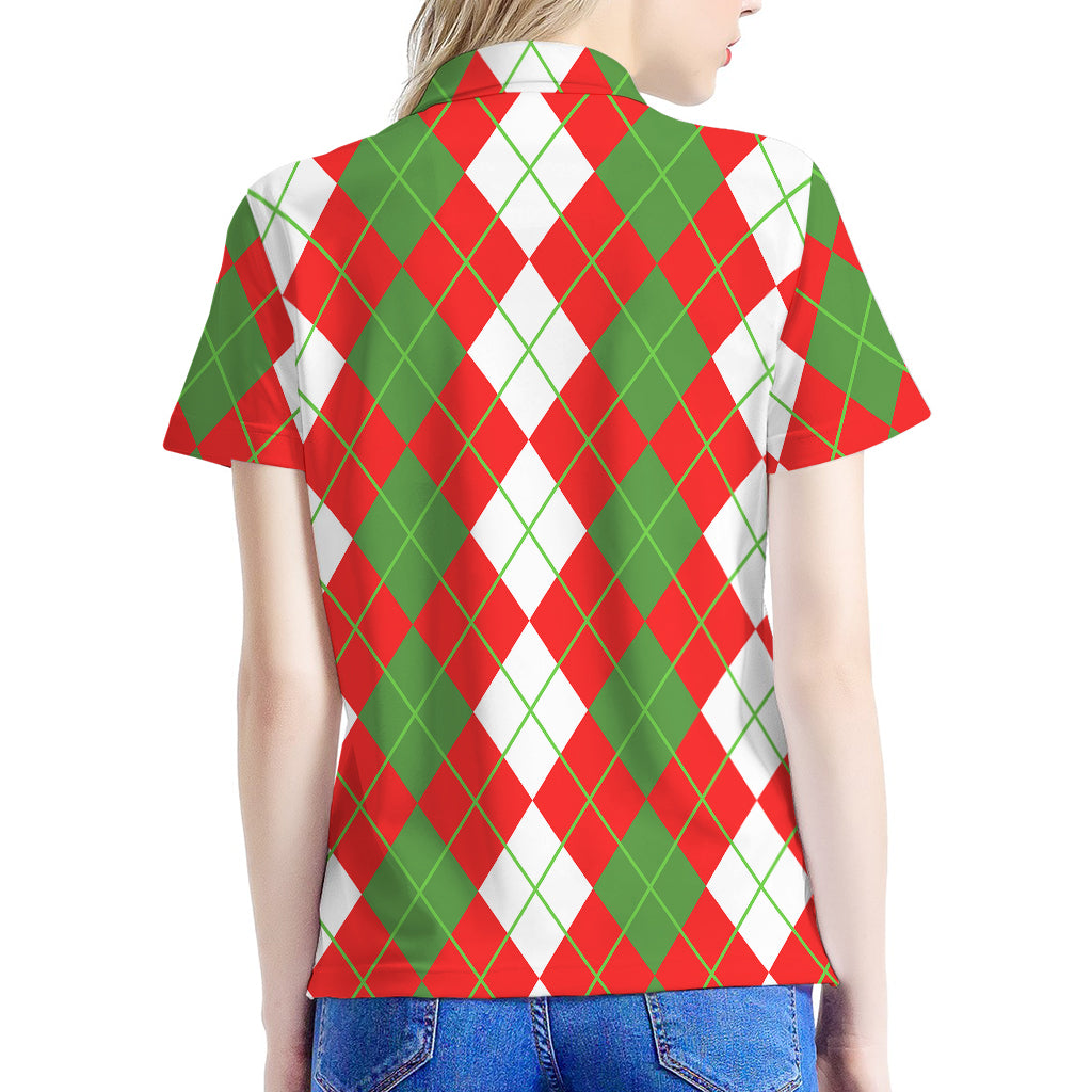 White Green And Red Argyle Pattern Print Women's Polo Shirt