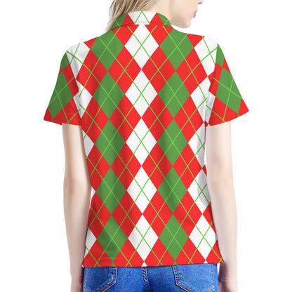 White Green And Red Argyle Pattern Print Women's Polo Shirt
