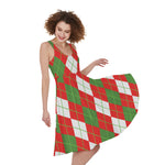 White Green And Red Argyle Pattern Print Women's Sleeveless Dress