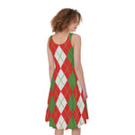 White Green And Red Argyle Pattern Print Women's Sleeveless Dress