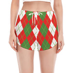 White Green And Red Argyle Pattern Print Women's Split Running Shorts