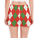 White Green And Red Argyle Pattern Print Women's Split Running Shorts
