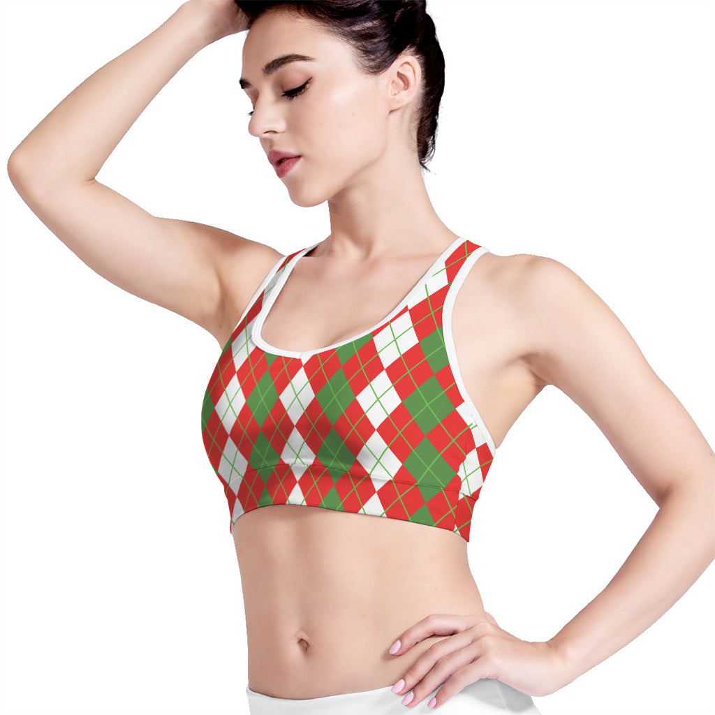 White Green And Red Argyle Pattern Print Women's Sports Bra