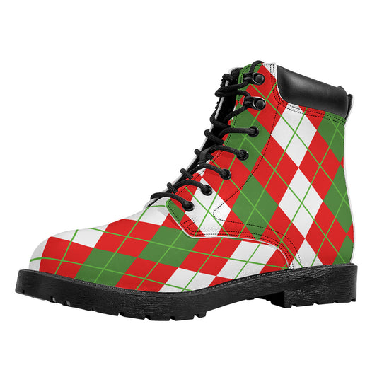 White Green And Red Argyle Pattern Print Work Boots