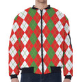 White Green And Red Argyle Pattern Print Zip Sleeve Bomber Jacket