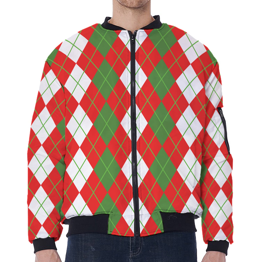 White Green And Red Argyle Pattern Print Zip Sleeve Bomber Jacket