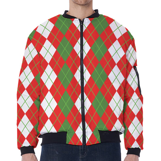 White Green And Red Argyle Pattern Print Zip Sleeve Bomber Jacket