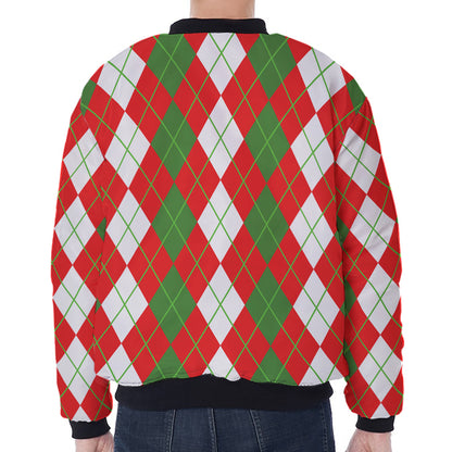 White Green And Red Argyle Pattern Print Zip Sleeve Bomber Jacket
