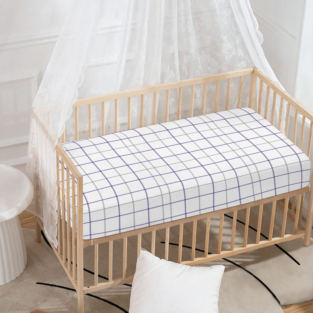 White Grey And Purple Tattersall Print Baby Crib Sheet