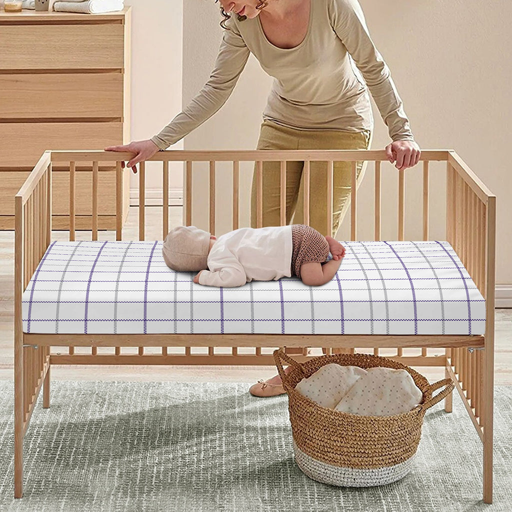 White Grey And Purple Tattersall Print Baby Crib Sheet