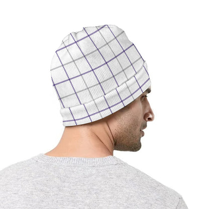 White Grey And Purple Tattersall Print Beanie