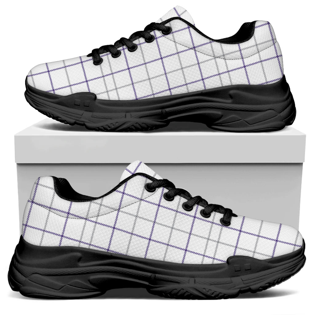White Grey And Purple Tattersall Print Black Chunky Shoes