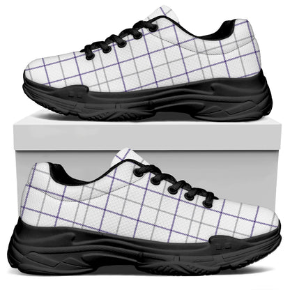 White Grey And Purple Tattersall Print Black Chunky Shoes