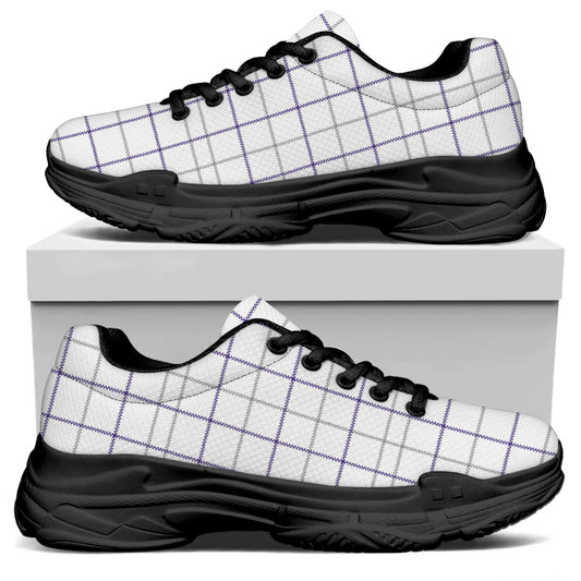 White Grey And Purple Tattersall Print Black Chunky Shoes