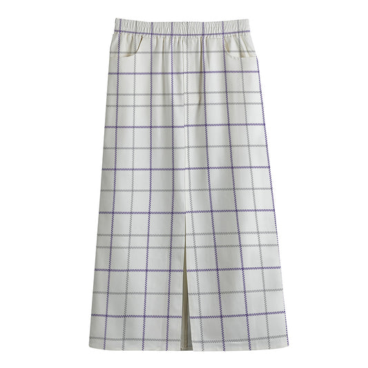 White Grey And Purple Tattersall Print Cotton Front Slit Maxi Skirt