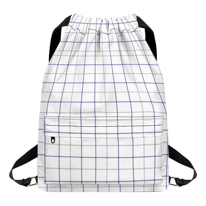 White Grey And Purple Tattersall Print Drawstring Backpack