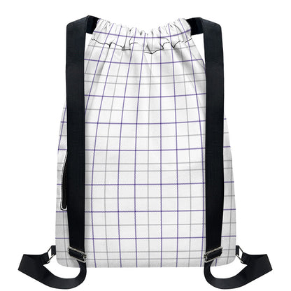 White Grey And Purple Tattersall Print Drawstring Backpack