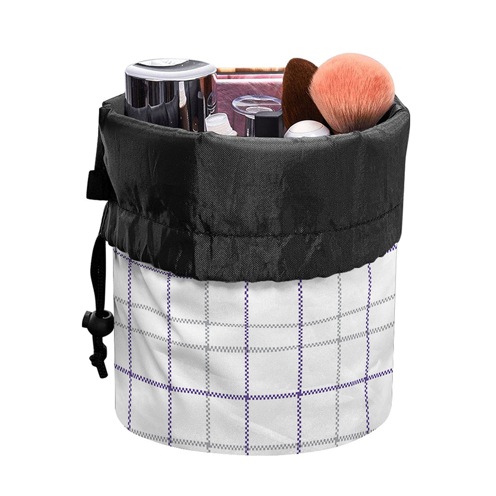 White Grey And Purple Tattersall Print Drawstring Makeup Bag