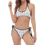 White Grey And Purple Tattersall Print Halter Scoop Tie Side Bikini