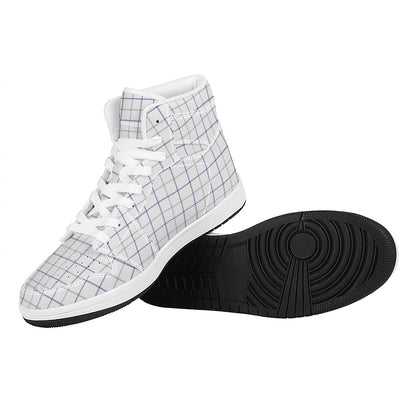 White Grey And Purple Tattersall Print High Top Leather Sneakers
