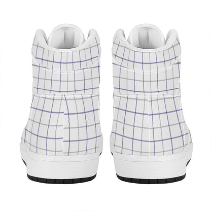White Grey And Purple Tattersall Print High Top Leather Sneakers