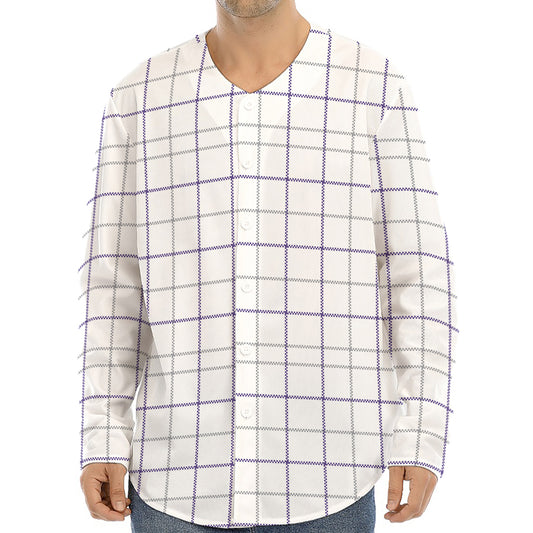 White Grey And Purple Tattersall Print Long Sleeve Baseball Jersey