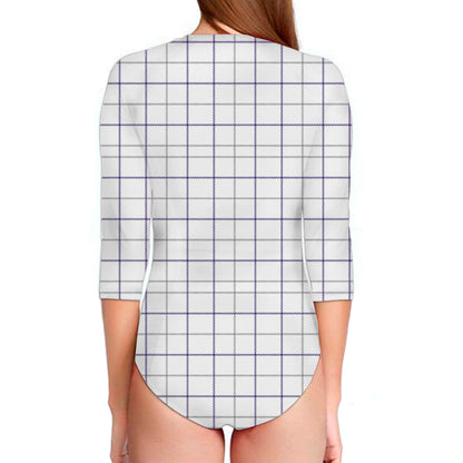 White Grey And Purple Tattersall Print Long Sleeve Swimsuit