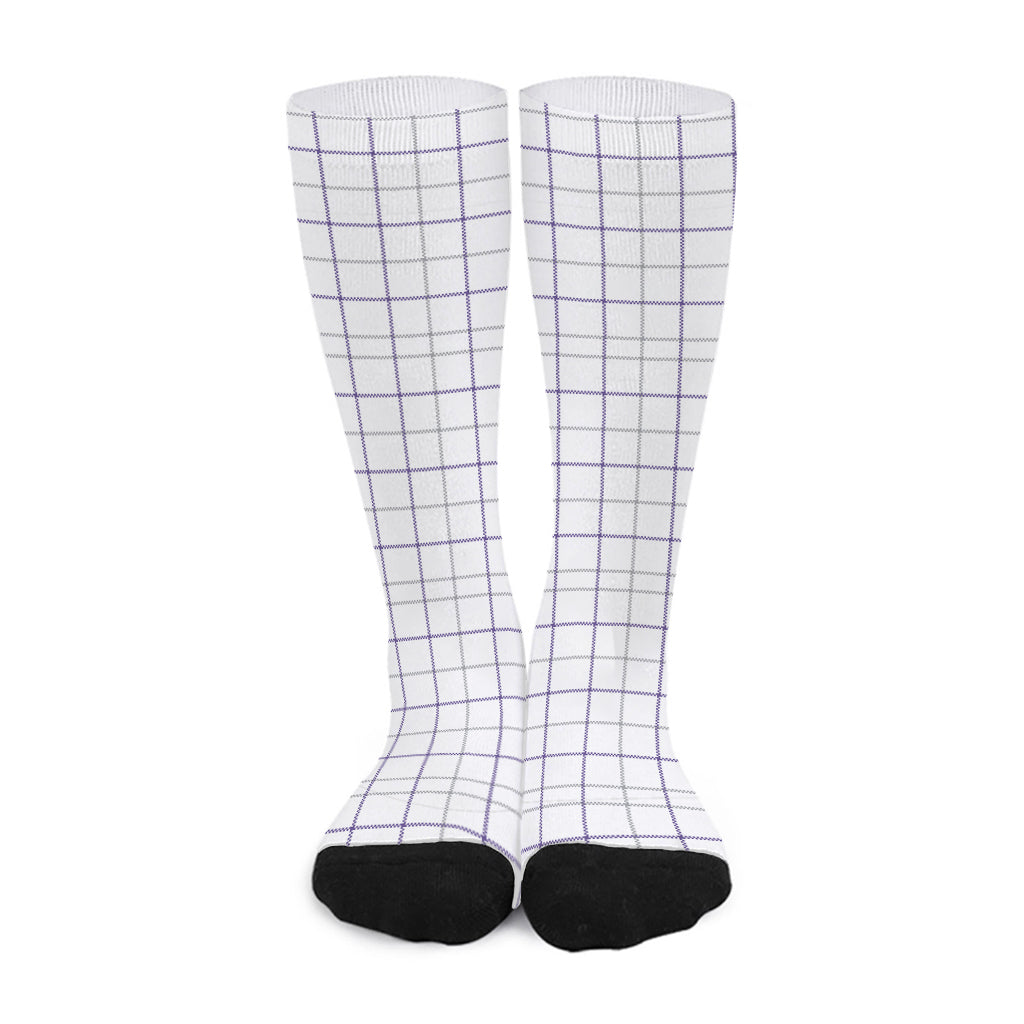 White Grey And Purple Tattersall Print Long Socks