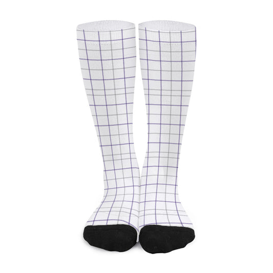 White Grey And Purple Tattersall Print Long Socks