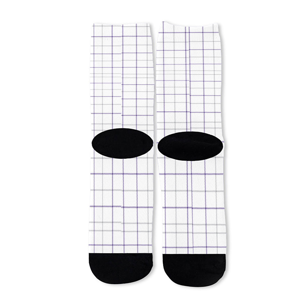 White Grey And Purple Tattersall Print Long Socks