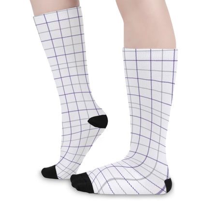 White Grey And Purple Tattersall Print Long Socks