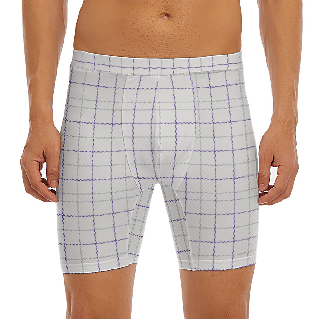 White Grey And Purple Tattersall Print Men's Long Boxer Briefs