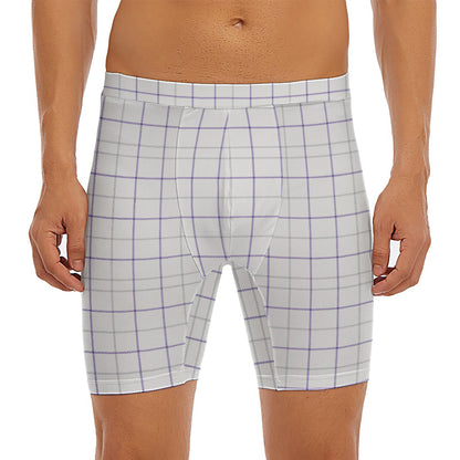 White Grey And Purple Tattersall Print Men's Long Boxer Briefs