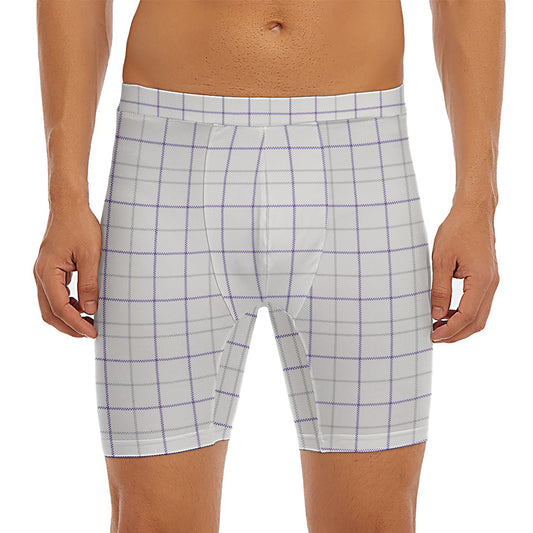 White Grey And Purple Tattersall Print Men's Long Boxer Briefs