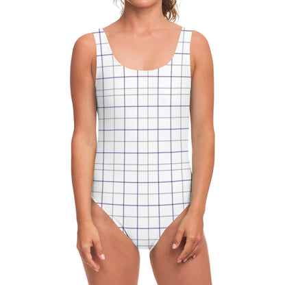 White Grey And Purple Tattersall Print One Piece Swimsuit