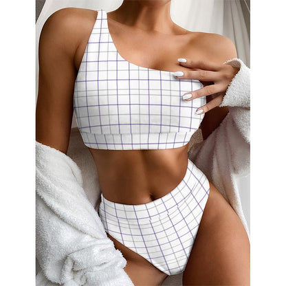 White Grey And Purple Tattersall Print One Shoulder Bikini Top