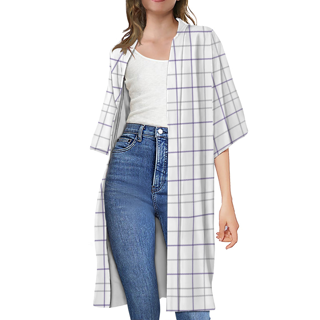 White Grey And Purple Tattersall Print Open Front Beach Cover Up