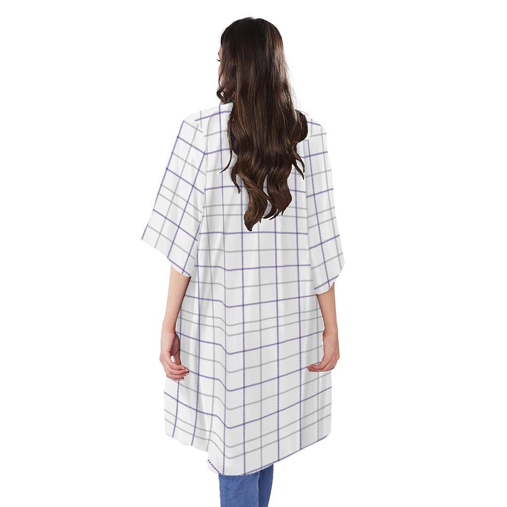 White Grey And Purple Tattersall Print Open Front Beach Cover Up